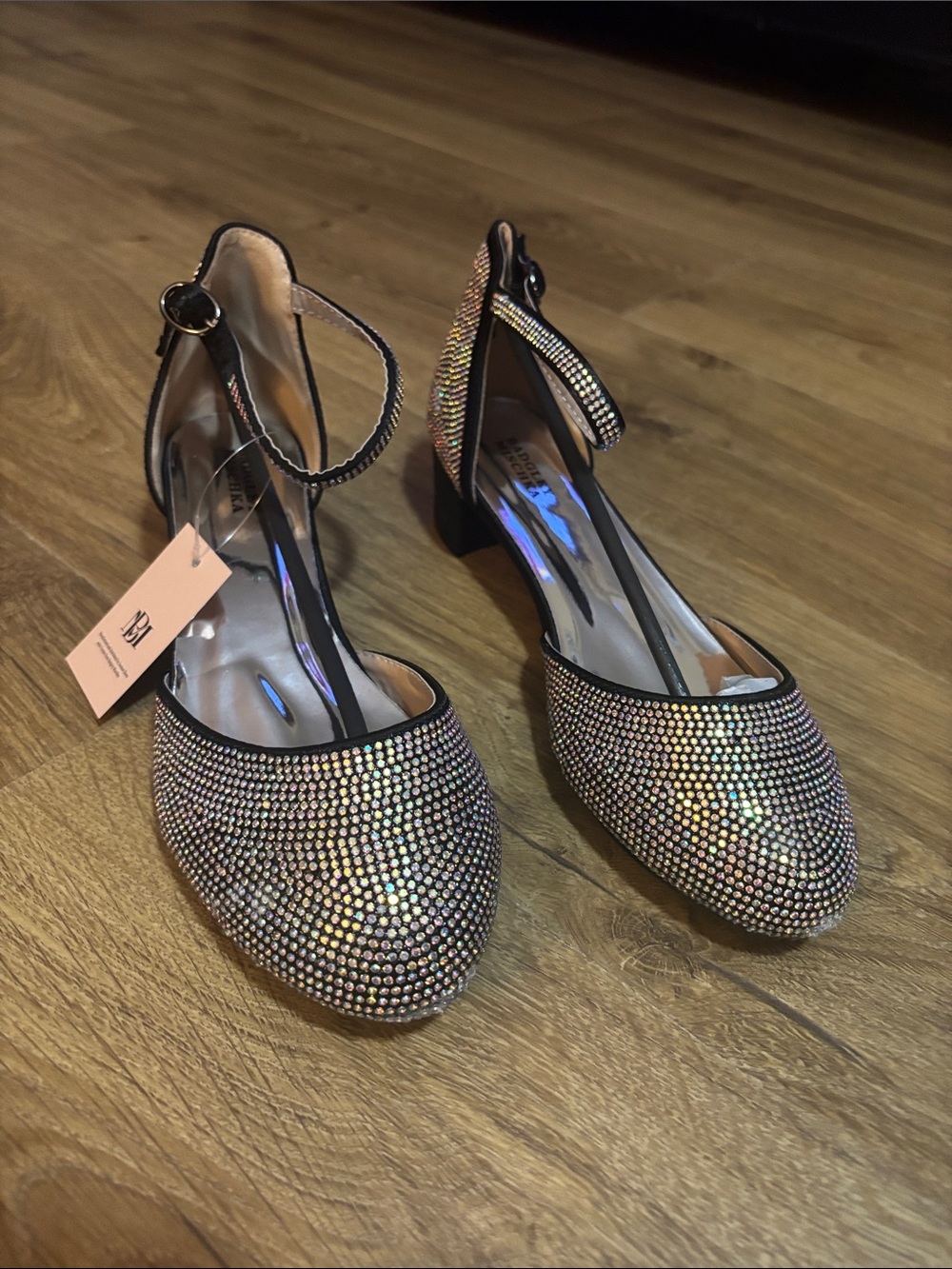 Badgley Mischka Iridescent Crystal Flats with Black Trim and Ankle Strap - Picture 2 of 8